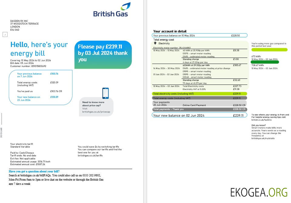 Royaume-Uni British Gas Business Utility Bill, modèle Word et PDF, 2 pages template